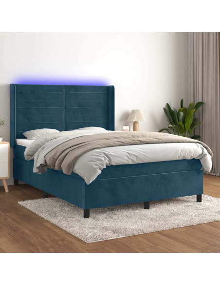 Letto a Molle con Materasso e LED Blu Scuro 140x200 cm