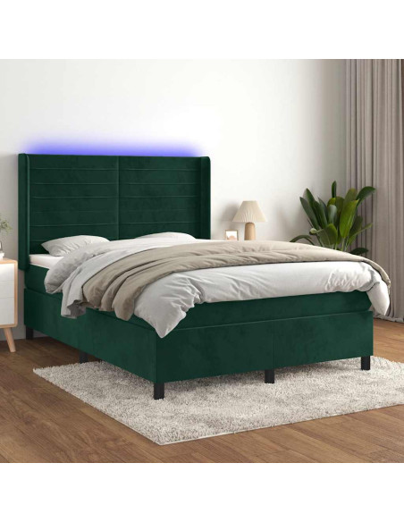 Letto a Molle con Materasso e LED Verde Scuro 140x190cm Velluto