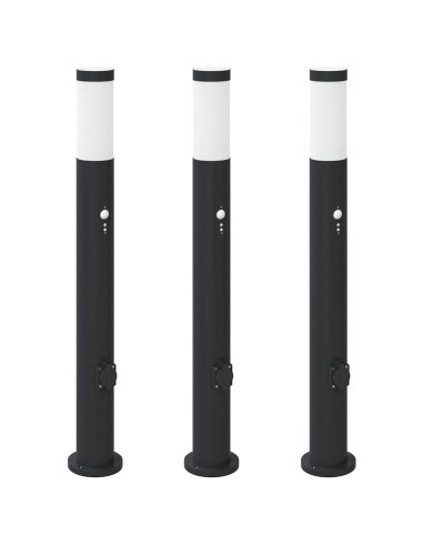 Lampioni a paletto con sensore e presa 3 pz 80 cm Acciaio Inox IP44