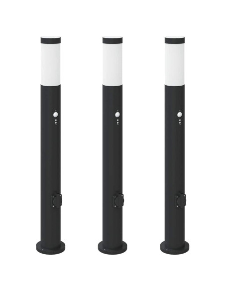 Lampioni a paletto con sensore e presa 3 pz 80 cm Acciaio Inox IP44