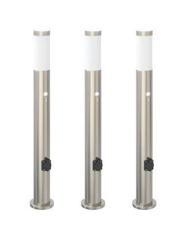 Lampioni a paletto con sensore e presa 3 pz 80 cm Acciaio Inox IP44