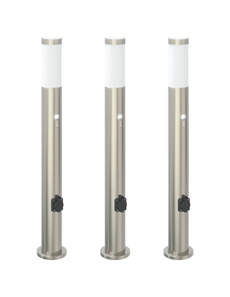 Lampioni a paletto con sensore e presa 3 pz 80 cm Acciaio Inox IP44