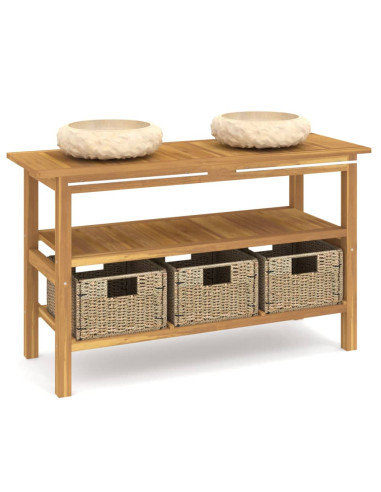Mobile Vanità Bagno e Lavandini Marmo Crema Legno Massello Teak