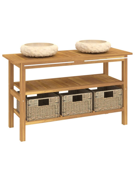 Mobile Vanità Bagno e Lavandini Marmo Crema Legno Massello Teak