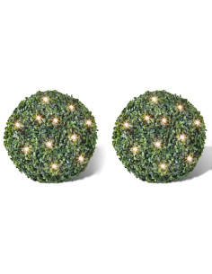 2 Palle topiarie foglie artificiali in legno di bosso 27 cm LED solare