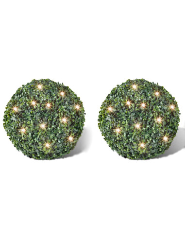 2 Palle topiarie foglie artificiali in legno di bosso 27 cm LED solare