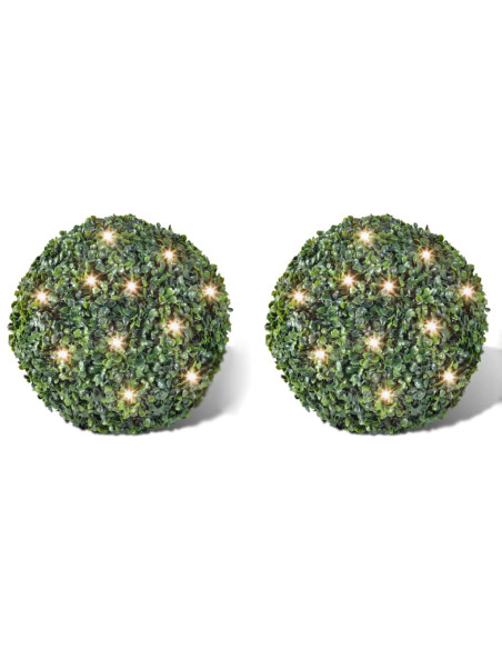 2 Palle topiarie foglie artificiali in legno di bosso 27 cm LED solare