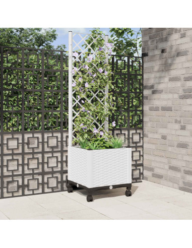 Vaso da giardino con grigliato e ruote Bianco 40 x 40 x 146 cm