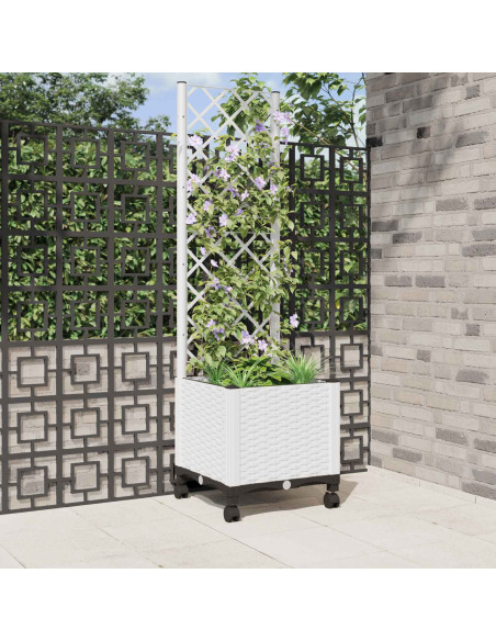 Vaso da giardino con grigliato e ruote Bianco 40 x 40 x 146 cm