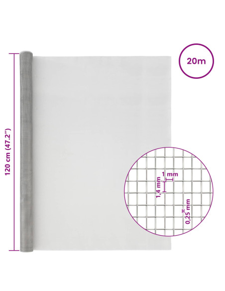 Rete per schermatura 120 x 2000 cm 18 Mesh Argento