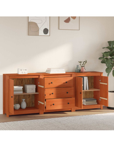 Credenza 3 pcs Marrone Cera Legno di pino massiccio