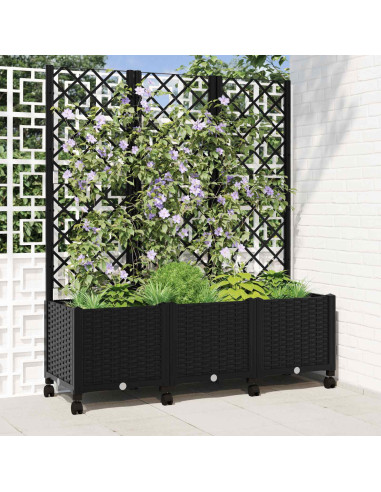 Vaso da giardino con grigliato e ruote Nero 120 x 40 x 146 cm