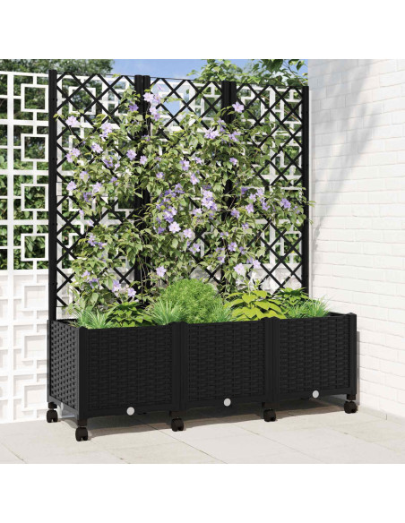 Vaso da giardino con grigliato e ruote Nero 120 x 40 x 146 cm
