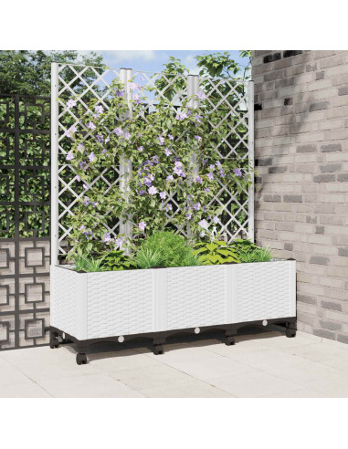 Vaso da giardino con grigliato e ruote Bianco 120 x 40 x 146 cm