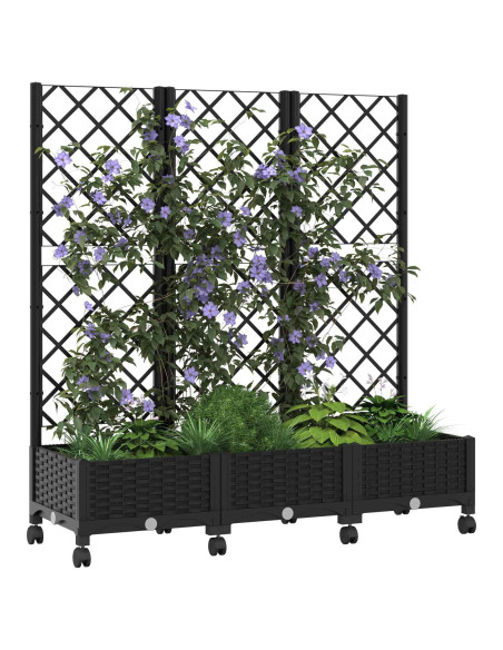 Vaso da giardino con grigliato e ruote Nero 120 x 40 x 131,5 cm
