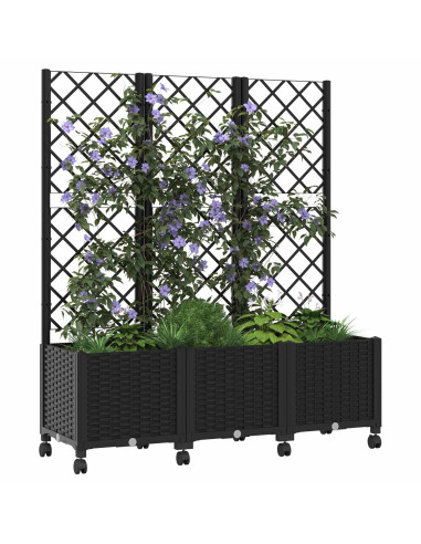 Vaso da giardino con grigliato e ruote Nero 120 x 40 x 146 cm