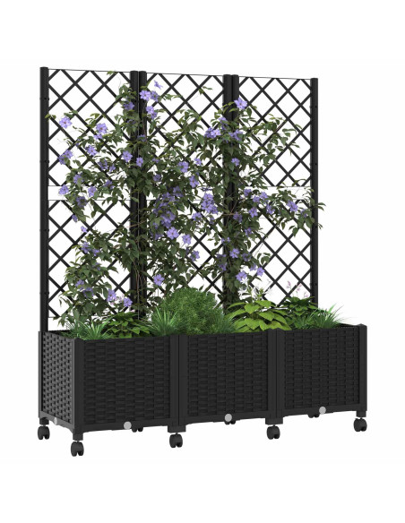 Vaso da giardino con grigliato e ruote Nero 120 x 40 x 146 cm