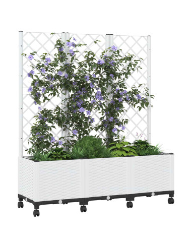 Vaso da giardino con grigliato e ruote Bianco 120 x 40 x 146 cm
