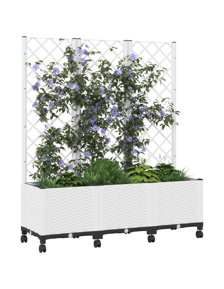 Vaso da giardino con grigliato e ruote Bianco 120 x 40 x 146 cm