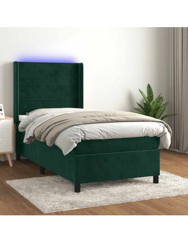 Letto a Molle con Materasso e LED Verde Scuro 80x200cm Velluto