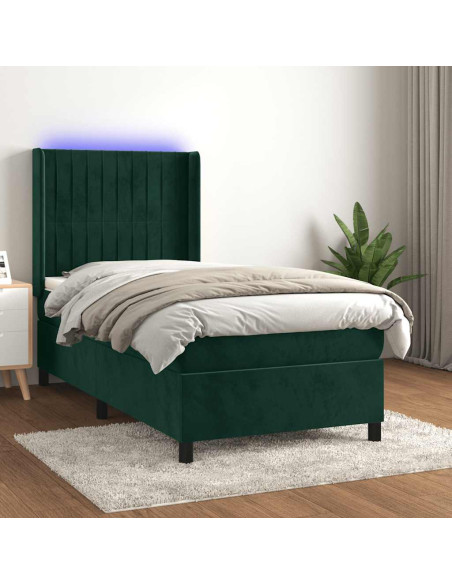 Letto a Molle con Materasso e LED Verde Scuro 90x190 cm Velluto
