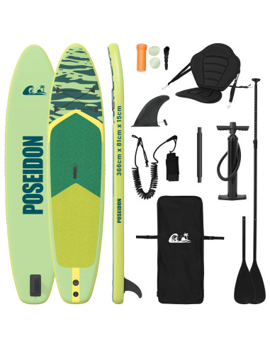 SUP Board con Seggiolino 2-in-1 POSEIDON 366 x 81 x 15 cm Verde