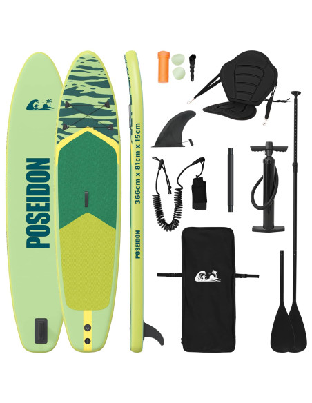 SUP Board con Seggiolino 2-in-1 POSEIDON 366 x 81 x 15 cm Verde