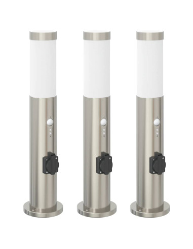 Lampioni a dissuasore con sensore e presa 3 pz 50 cm Acciaio Inox IP44