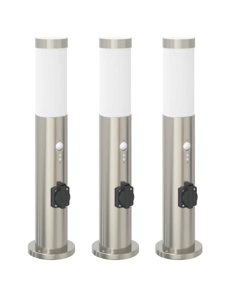 Lampioni a dissuasore con sensore e presa 3 pz 50 cm Acciaio Inox IP44