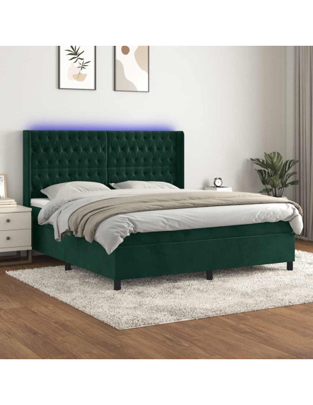 Letto a Molle con Materasso e LED Verde Scuro 180x200cm Velluto