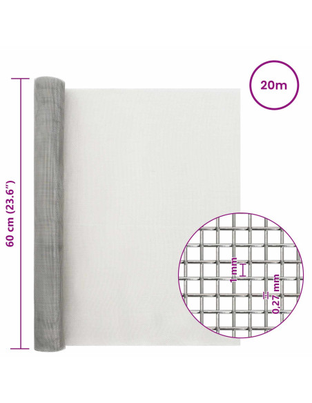 Rete per schermatura 60 x 2000 cm 20 Mesh Argento