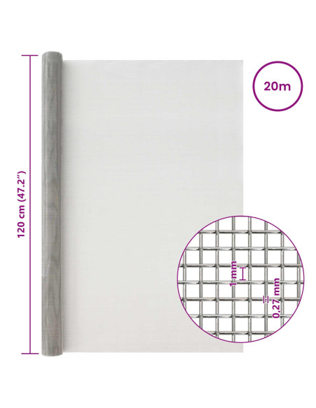 Rete per schermatura 120 x 2000 cm 20 Mesh Argento
