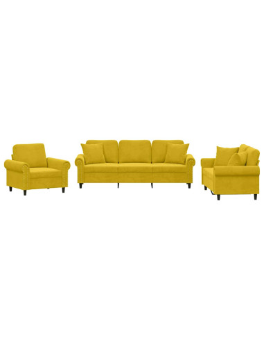 Set di Divani 3 pz con Cuscini Giallo in Velluto