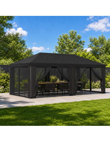 Copertura Gazebo con Pareti Laterali 6 x 3 m Nero Poliestere