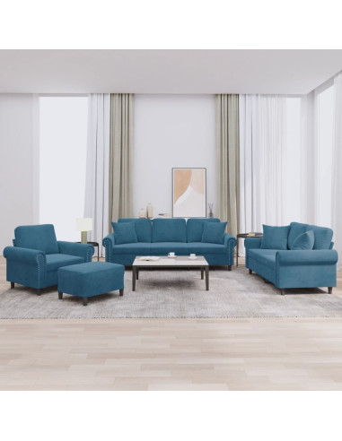 Set di Divani 4 pz con Cuscini Blu in Velluto