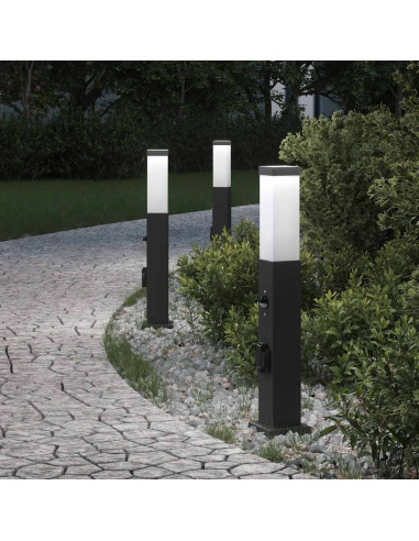 Lampioni a paletto con sensore e presa 3 pz 50 cm neri IP44