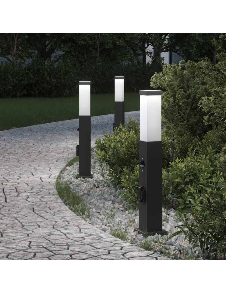 Lampioni a paletto con sensore e presa 3 pz 50 cm neri IP44