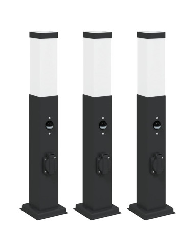 Lampioni a paletto con sensore e presa 3 pz 50 cm neri IP44