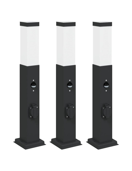 Lampioni a paletto con sensore e presa 3 pz 50 cm neri IP44