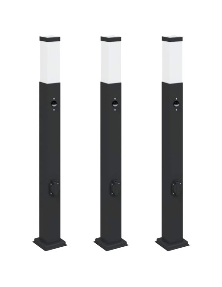 Lampioni a paletto con sensore e presa 3 pz 80 cm neri IP44