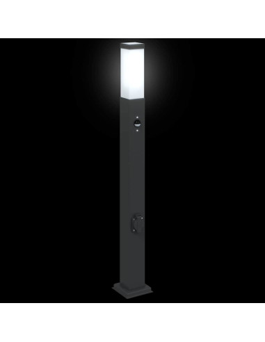 Lampioni a paletto con sensore e presa 3 pz 80 cm neri IP44