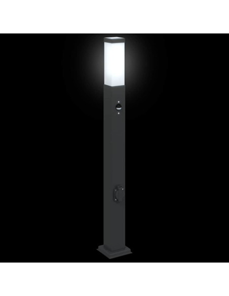 Lampioni a paletto con sensore e presa 3 pz 80 cm neri IP44