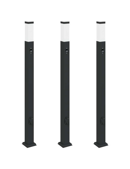 Lampioni a paletto con sensore e presa 3 pz 110 cm neri IP44