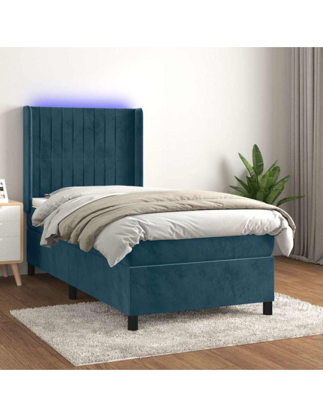 Letto a Molle con Materasso e LED Blu Scuro 80x200cm in Velluto