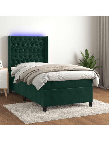 Letto a Molle con Materasso e LED Verde Scuro 90x200cm Velluto