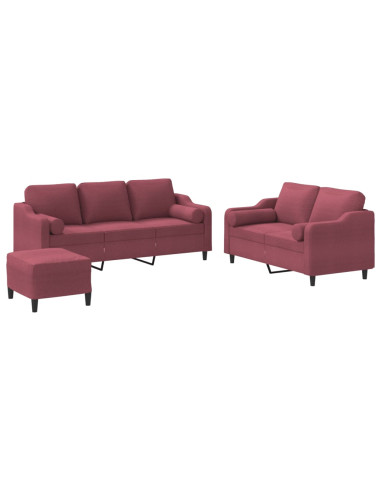 Set di Divani 3 pz con Cuscini Rosso Vino in Tessuto