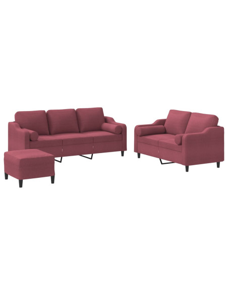 Set di Divani 3 pz con Cuscini Rosso Vino in Tessuto