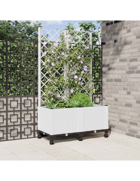Vaso da giardino con grigliato e ruote Bianco 80 x 40 x 146 cm