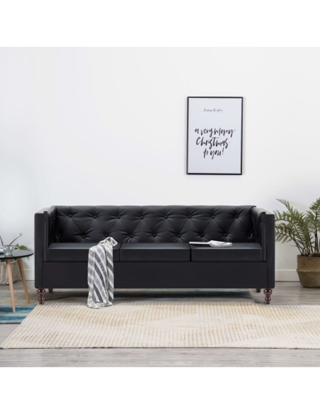 Divano Chesterfield a 3 Posti Rivestito in Similpelle Nero