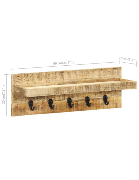 Appendiabiti a Muro 60x15x20 cm Legno Massello di Mango Grezzo